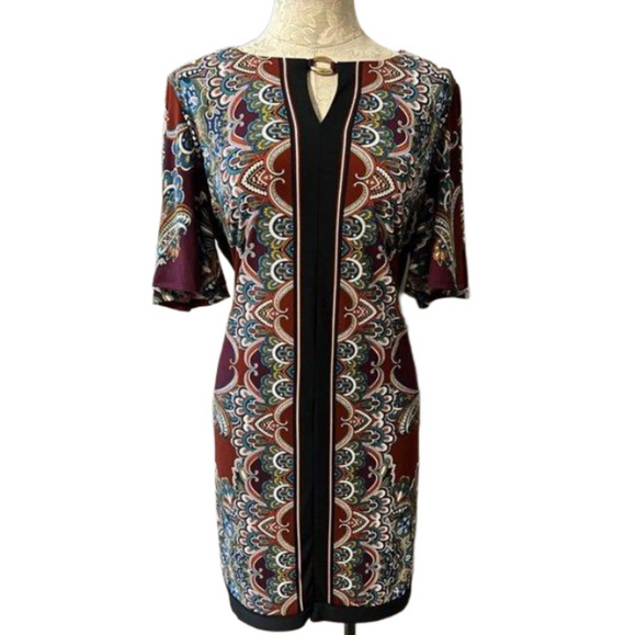 Sandra Darren Dress Wine Mutli L Large Short Sleeve Stretch Sheath Washable NEW - Picture 1 of 7